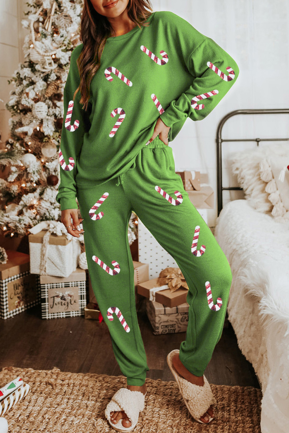 Spinach Green Sequined Christmas Cane Pattern Lounge Sweatsuit