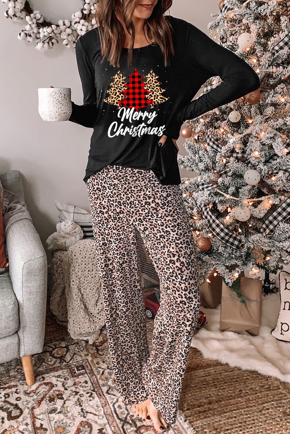 Leopard Merry Christmas Tree Leopard Print Two Piece Lounge Set