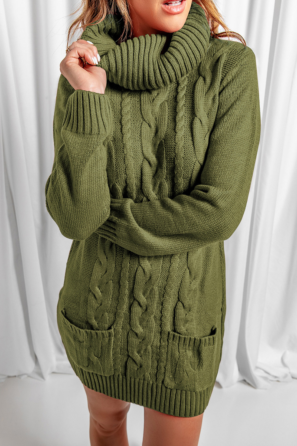 Olive Cowl Neck Cable Knit Sweater Dress