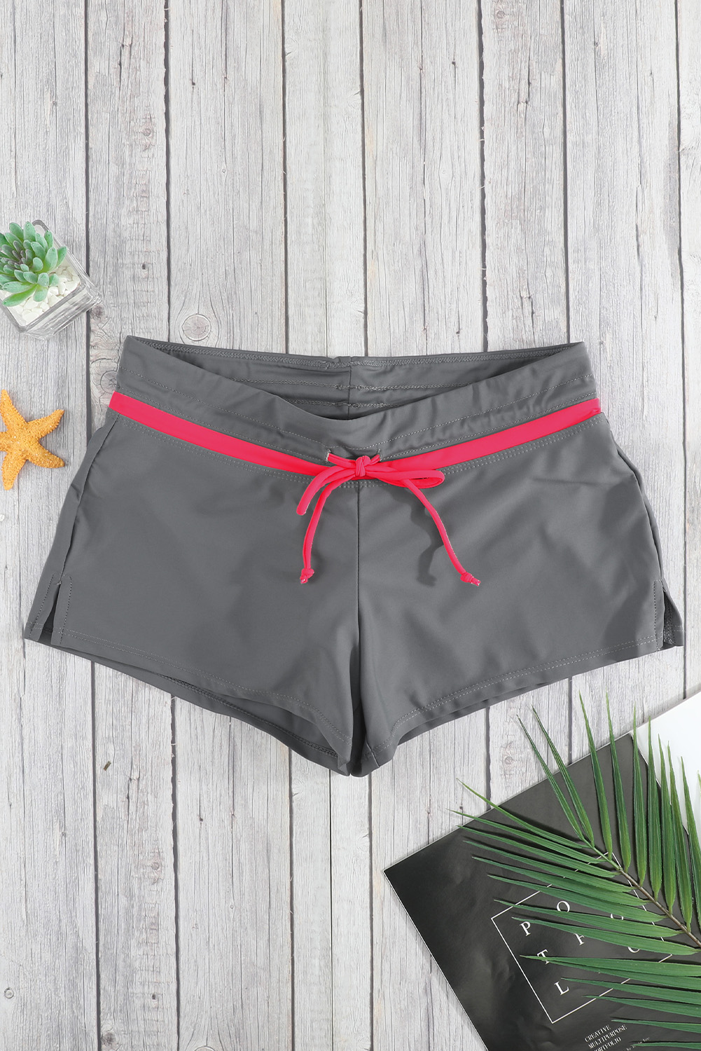 Fiery Red Trim Taupe Women Swim Boardshort