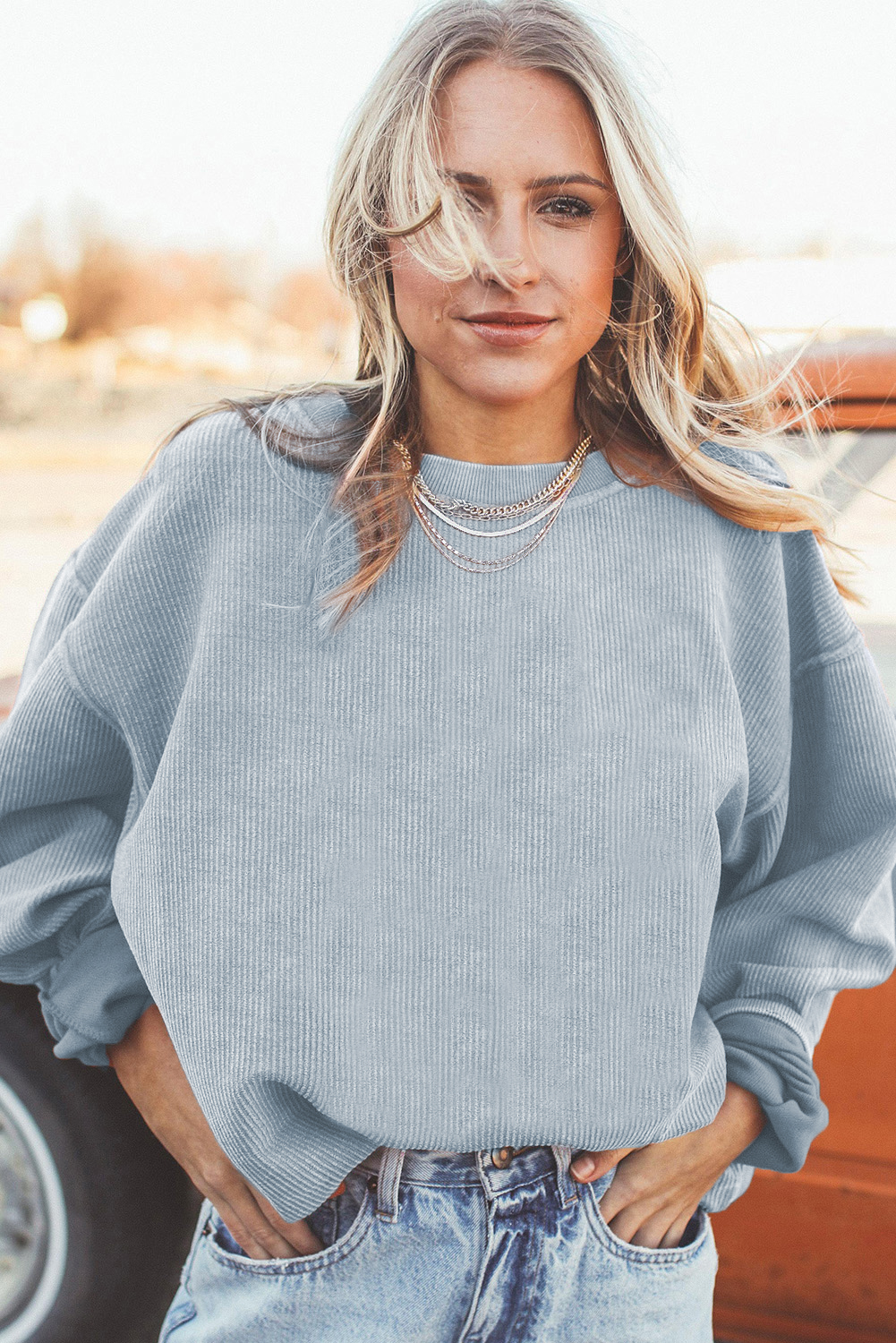 Light Grey Ribbed Corded Oversized Sweatshirt