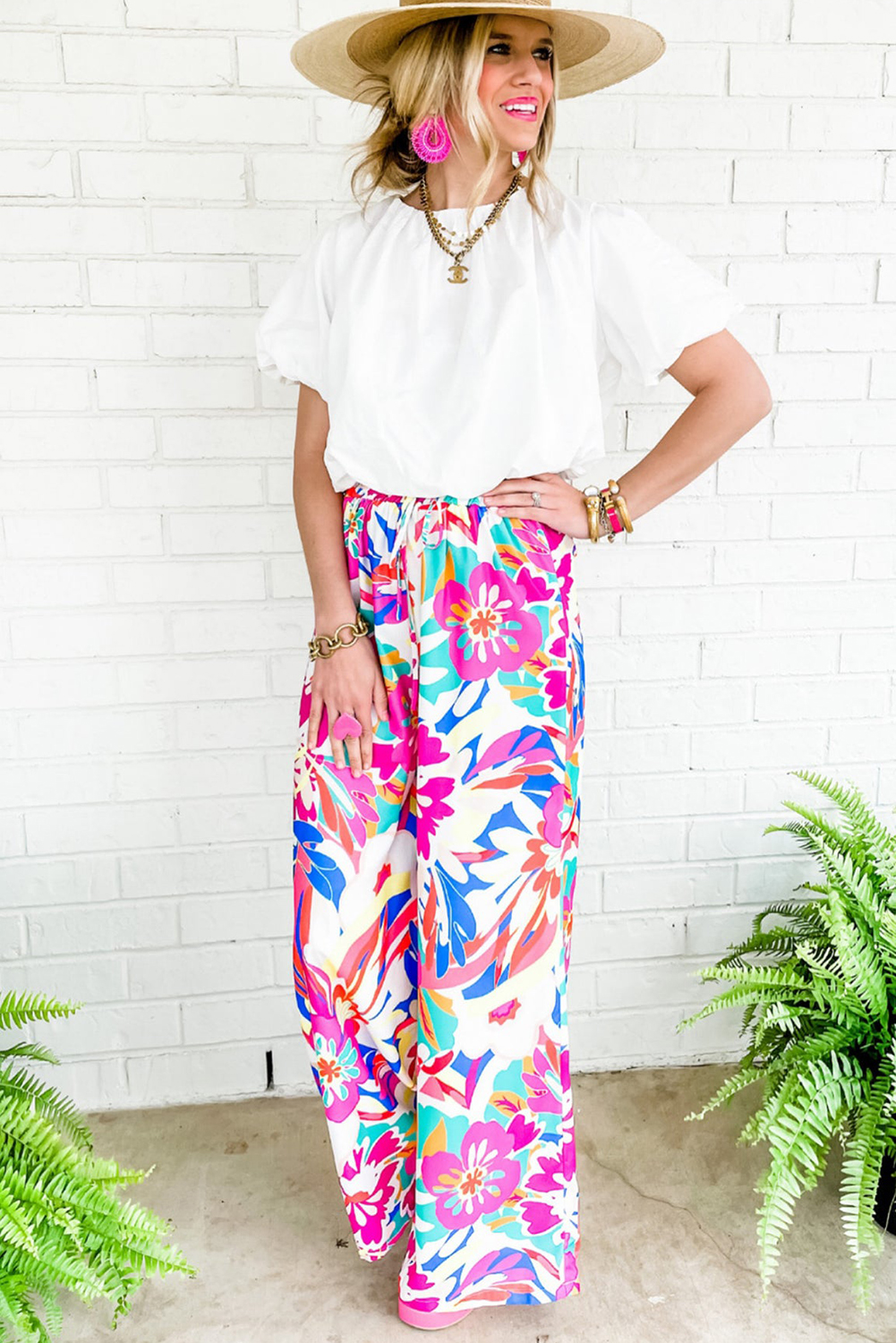 Rose Red Boho Flower Print Loose Wide Leg Pants