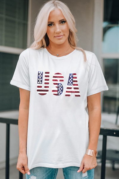 White Sequined American Flag Star Graphic T Shirt