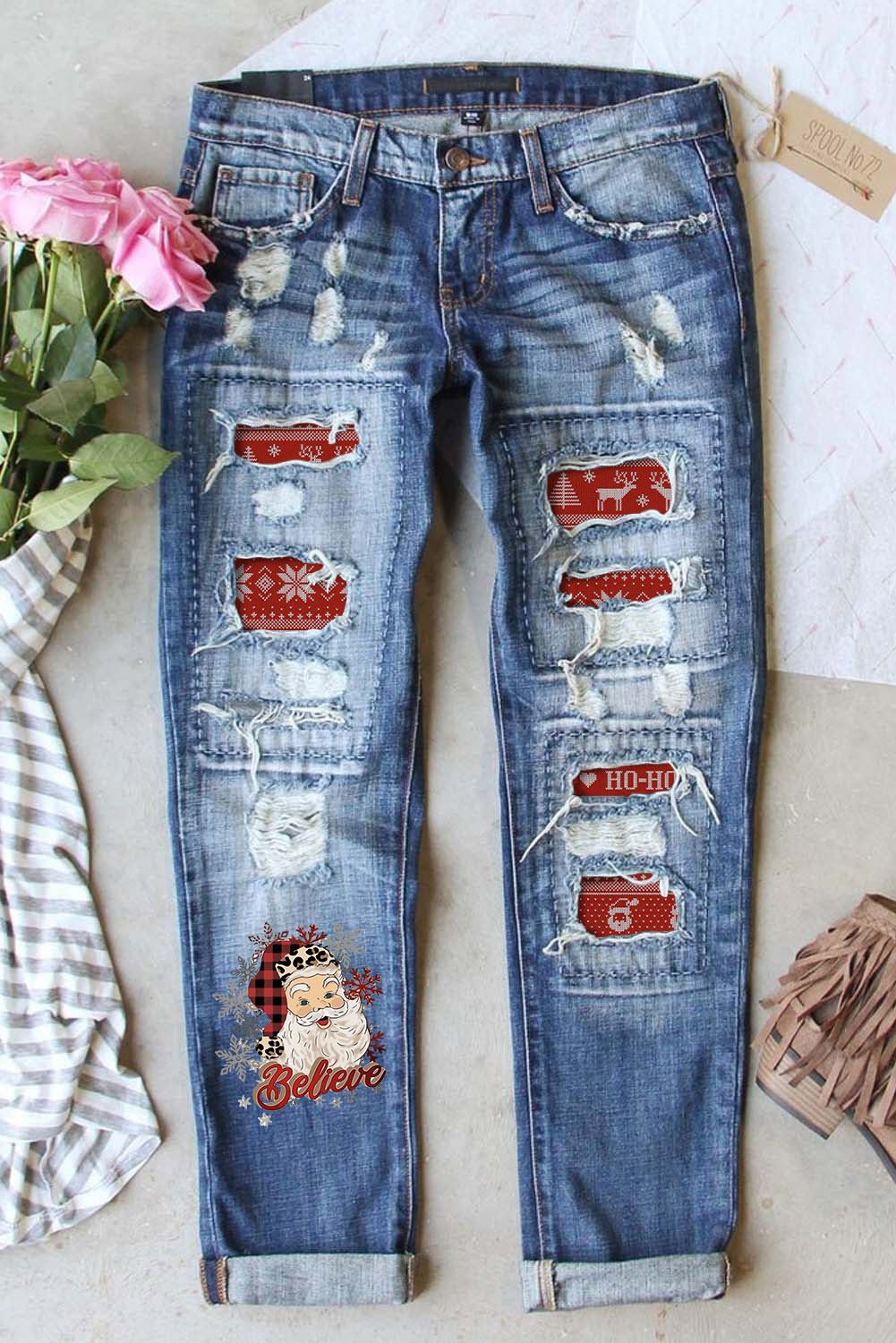 Sky Blue Santa Claus Pattern Splicing Distressed Boyfriend Jeans