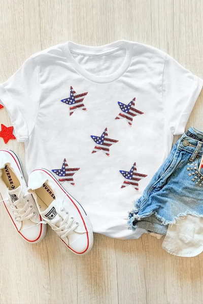 White Sequined American Flag Star Graphic T Shirt