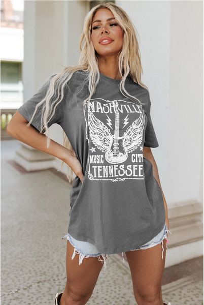 Gray Guitar Slogan Letter Graphic Print Oversized T Shirt