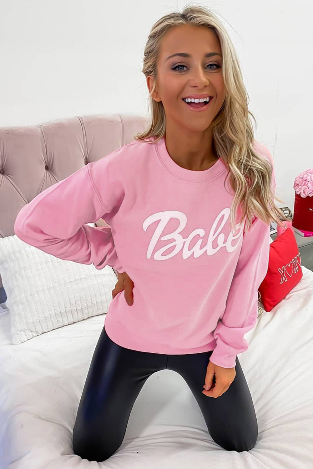 Pink Letters Print Ribbed Knit Trim Sweatshirt