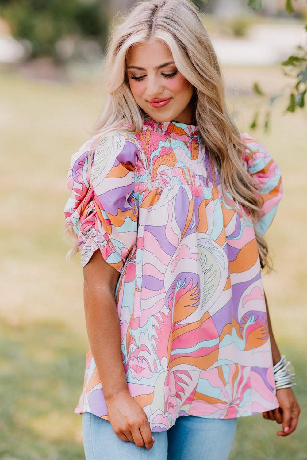 Abstract Print Bubble Sleeve Smock Detail Blouse