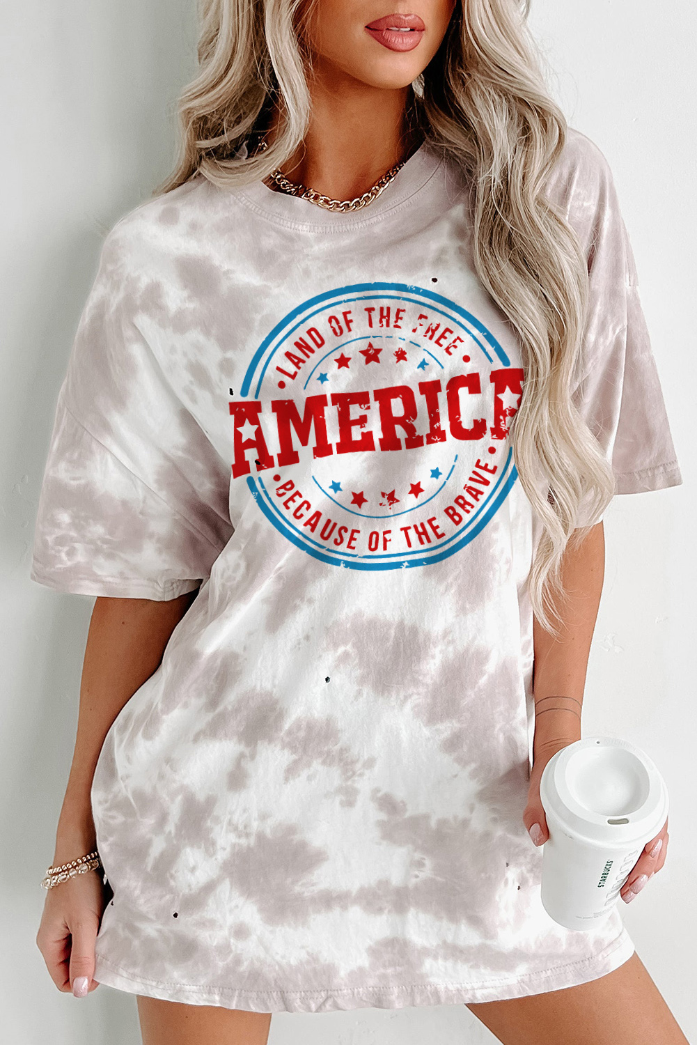 White Oversized Tie-dye AMERICA Graphic T-shirt with