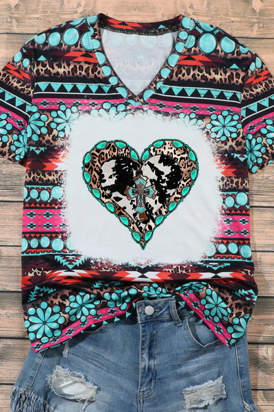 Green Western Turquoise Aztec Heart Shaped Graphic T Shirt 