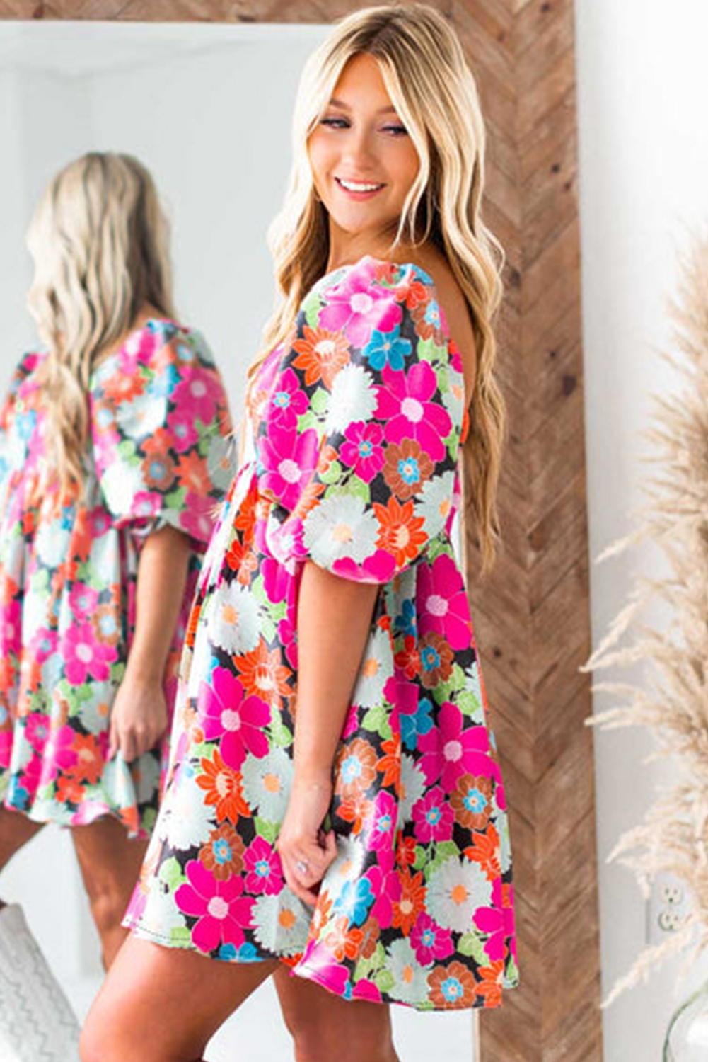 Rose Floral Print Square Neck Short Puff Sleeve Dress