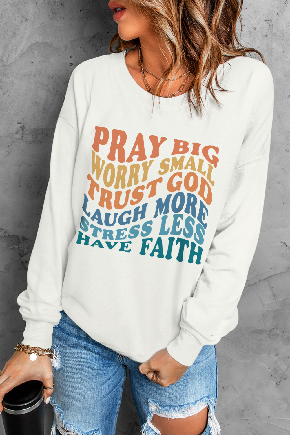 Beige Slogan Letters Print Long Sleeve Pullover Sweatshirt